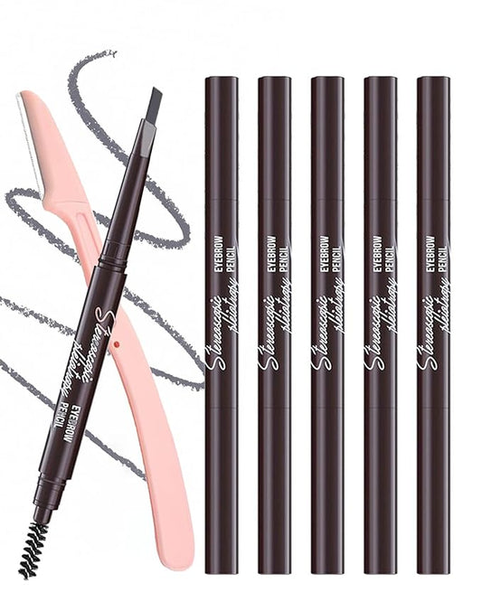 Berinist Waterproof Eye Brow Pencils for Women, 6Pcs Double-ended Grey Eyebrow Pencil with Razor Kit, Triangular Tip Design Makes it Easier to Define and Fill in Brows for a Natural Look