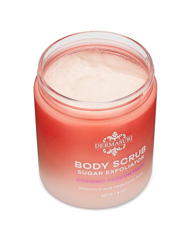 Dermasuri - Exfoliating Sugar Scrub - Body Scrubber for Men & Women - Exfoliates & Removes Dead, Dry Skin for a Soft & Radiant Glow - Deep Hydration & Moisture - Coconut Passion Fruit