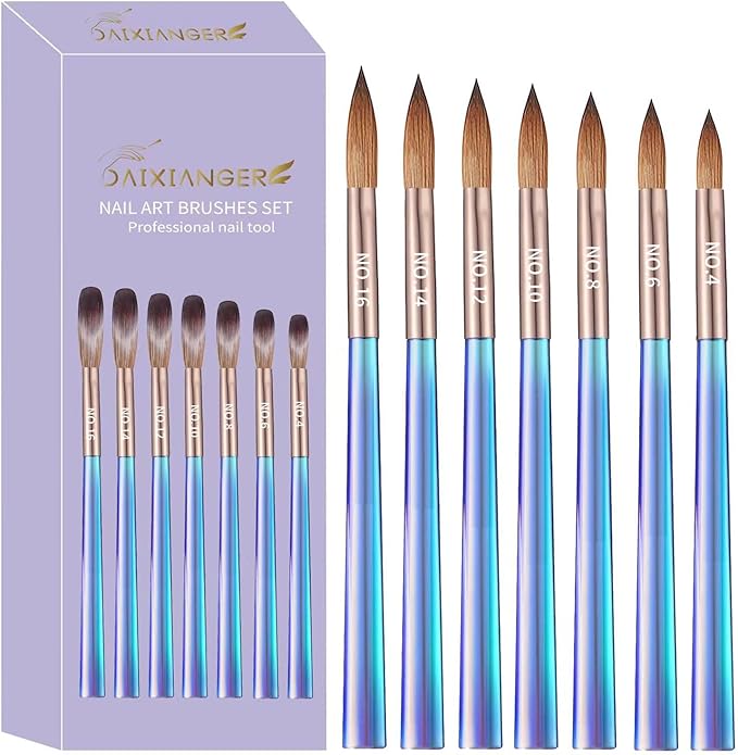 7Pcs Acrylic Nail Art Brush Set -Size 4/6/8/10/12/14/16,Gradient Blue Handle Nail Brushes for Acrylic Application Powder & Nail Extension, 3D Nail Carving Tools for DIY Home Salon