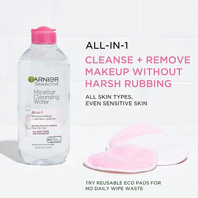 Garnier Micellar Water, Hydrating Facial Cleanser & Makeup Remover, Suitable for Sensitive Skin, Vegan, Cruelty Free, 13.5 Fl Oz (400mL), 2 Count