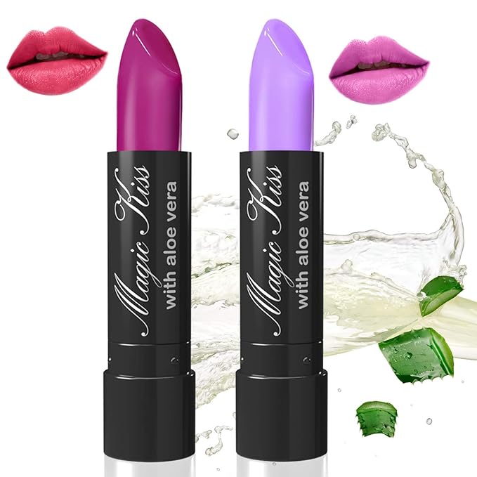 Magic Kiss Color Changing Matte Lipstick set, Long Lasting Nutritious Lips Moisturizer Magic Temperature Color Change Lip Balm with Aloe Vera PH Lipstick MADE IN USA (2 Pack - Magenta & Lavender)