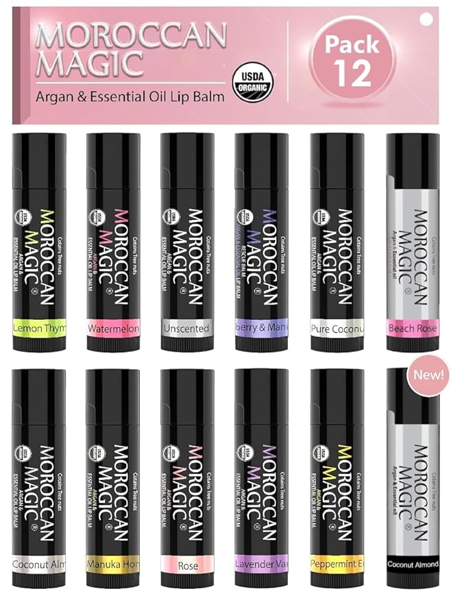 Moroccan Magic Organic Lip Balm & SPF15: 12 Piece Variety Pack Gift Set | Organic Argan and Essential Oils | Smooth | Natural | Non-Toxic | Cruelty Free | 12 Pack