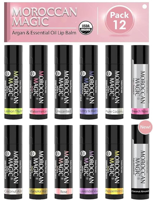 Moroccan Magic Organic Lip Balm & SPF15: 12 Piece Variety Pack Gift Set | Organic Argan and Essential Oils | Smooth | Natural | Non-Toxic | Cruelty Free | 12 Pack