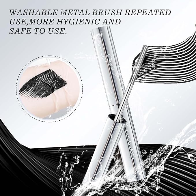 Black Washable Metal Mascara Wand, Waterproof Iron Wand Mascara Washable, Natural Length Slim Volume Buildable Formula, Separated Lashes, Long Lasting Smudge-Proof No Flaking Tint