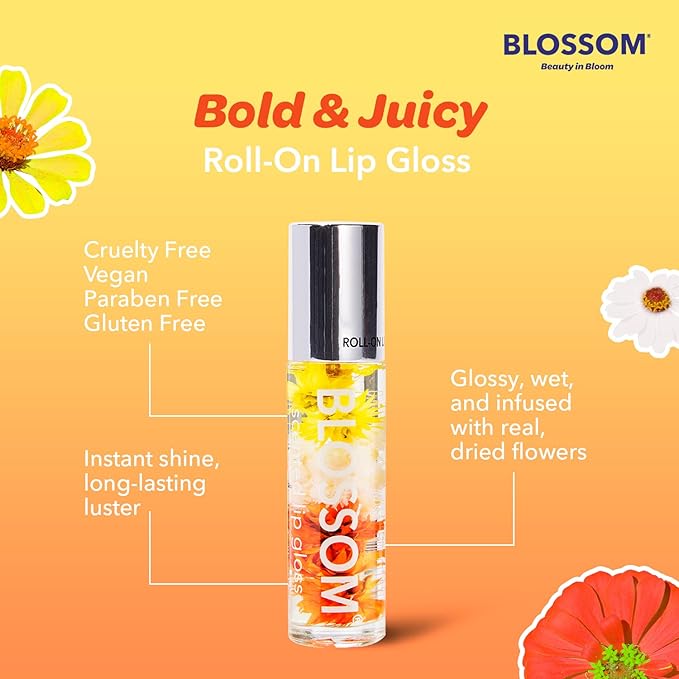 Blossom Roll on Lip Gloss, Gourmand Scented Clear High Shine Moisturizing Lip Oil, Non Sticky, Infused with Real Flowers, Made in USA, 0.2oz, Glazed Donut