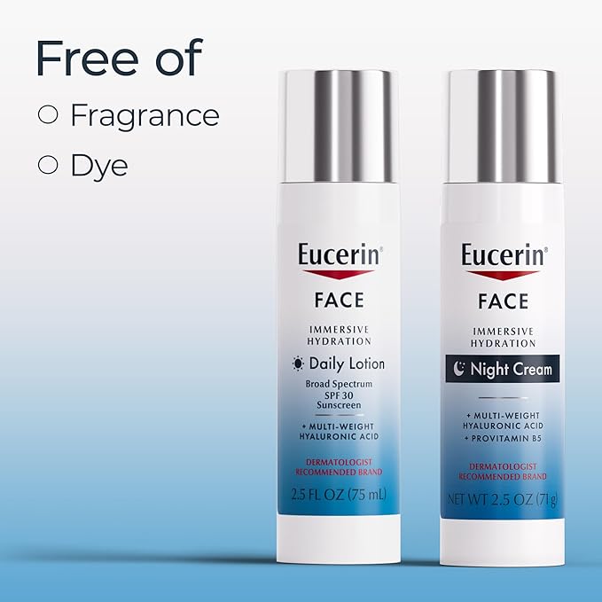 Eucerin Face Immersive Hydration Skin Care Set, Daily Face Lotion with SPF 30, 2.5 Fl Oz Bottle + Night Cream with Hyaluronic Acid, 2.5 Oz Bottle, Holiday Gifts for Self Care