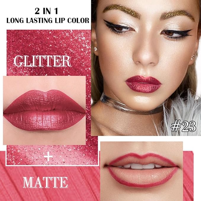 Kaely 2-in-1 Bold Girl Metallic Lipstick and Lip Liner Makeup, Shimmer Liquid Metallic Lipsticks for Women, Glitter Lip Gloss Stain Long Lasting Waterproof Smudge Proof 24 Hour, Cruelty-Free 23