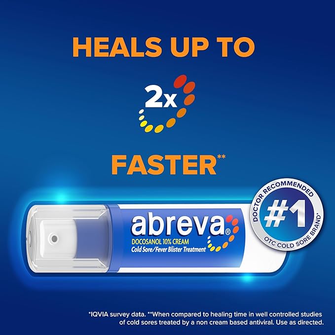 Abreva Docosanol 10% Cream Cold Sore Treatment, Fever Blister and Cold Sore Cream - 0.07 Oz Pump Bottle x 3