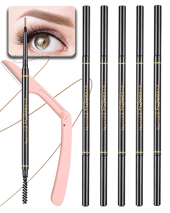 SUMEITANG Medium Brown Eye Brow Pencils for Women, 6Pcs Waterproof Eyebrow Pencil, 1.5mm Micro-Fine Tip & Spiral Brush with Brow Razors Perfect for Creating a Natural and Delicate Eyebrow Look Makeup