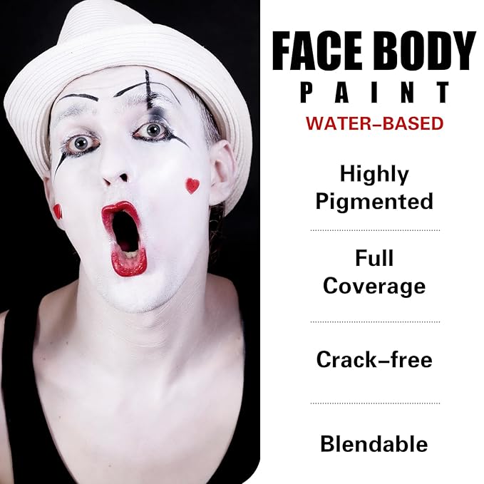 BOBISUKA Black + White + Red Face Body Paint Kit, Water Based Face Painting for Halloween Clown Skeleton Joker Zombie Mime Sugar Skull Makeup for Women Adults, Non-Toxic Washable