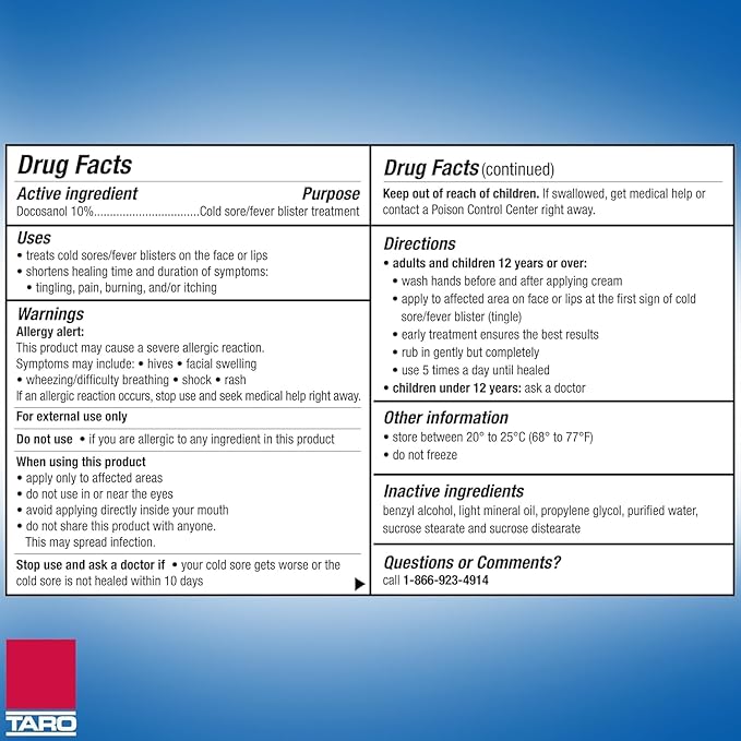 TARO Cold Sore & Fever Blister Treatment - Fast-Acting Docosanol 10% Cream - Cold Sore & Fever Blister Treatment for Lips, Anti-Itch Formula for Effective Relief and Healing - 0.07 oz (2 Pack)