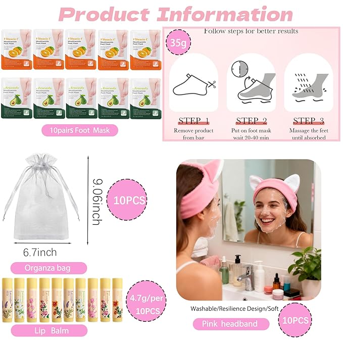 100PCS Spa Party Supplies, Party Favors,Facial Masks,Under Eye Patches,Hand Cream, Lip mask,Foot Masks,Hair Band and Organza Bags,Skin Care Set,Holiday Birthday Home Spa Day Kit