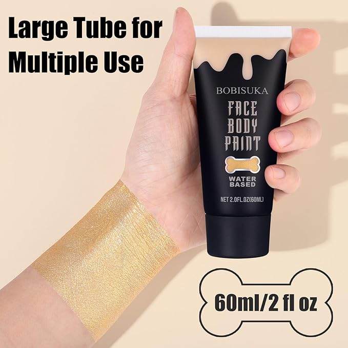 BOBISUKA Gold Face Body Paint, Water Based Face Painting for Art Theater Halloween Party Cosplay Clown SFX Makeup for Women Adults, Non-Toxic Washable