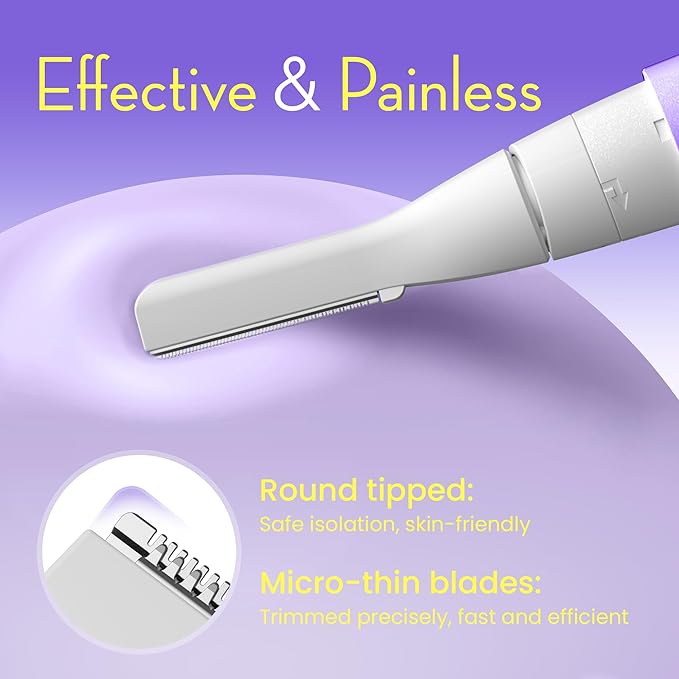 OLOV slim Facial Hair Removal for Women, Painless Eyebrow Trimmer with Pivoting Head, Electric Battery Operated Body Hair Remover with 2 Replaceable Blade for Face Neck Chin Bikini, Purple