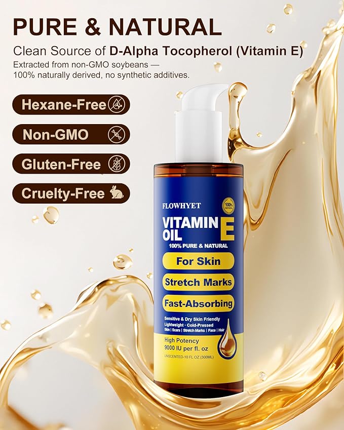 FLOWHYET Vitamin E Oil for Face 5 fl oz, Organic Vitamin E Oil for Scar, Stretch Marks, Skin and Hair, Lightweight Body Oil Moisturizing and Firming Skin, Cold Pressed Hexane Free-150ml