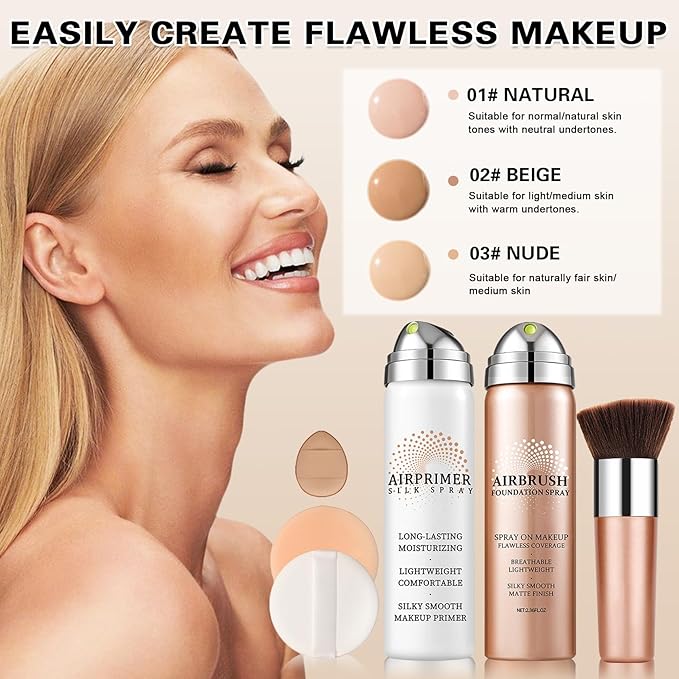 QIUFSSE Magic Minerals Airbrush Foundation Spray and Primer for Face Before Makeup,Waterproof Foundation for Older Women,Teenagers,Middle-aged,Anti-aging Formula for Smooth Radiant Skin (03 Nude)