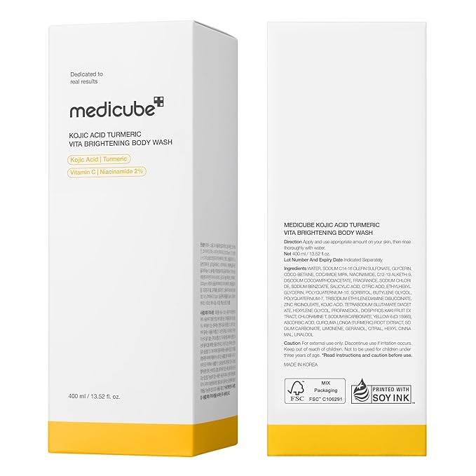 medicube Kojic Acid Turmeric Brightening Body Wash | Gentle Shower Gel for Uneven Skin | Niacinamide, Vitamin C, AHA/BHA | Deep Cleansing, Hydrating Formula | Easy and Effective, 13.52 fl.oz