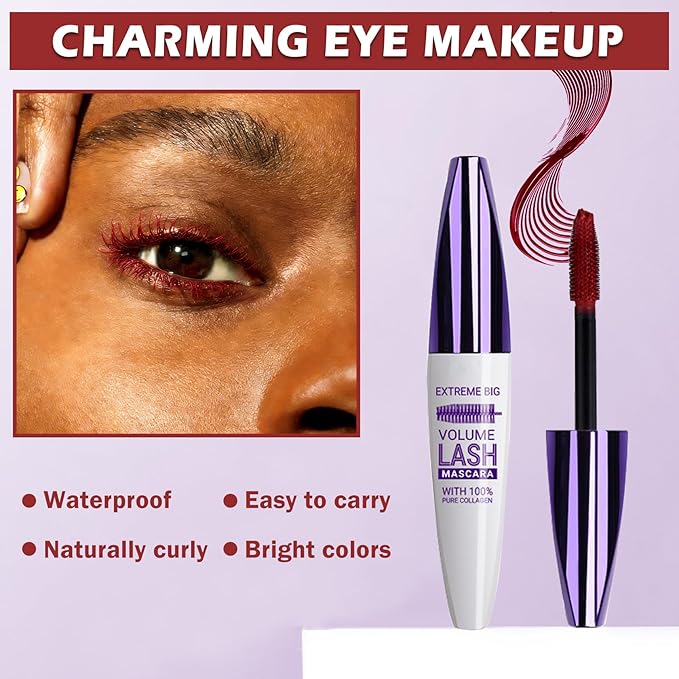 Burgundy Mascara for Eyelashes,5D Colored Mascara Volume and Length Waterproof,Natural Curling for Women Eye Makeup
