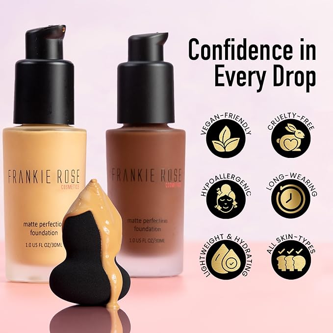 Frankie Rose Cosmetics Matte Perfection Foundation Makeup – Long-Lasting, Hydrating Foundation for Semi-Matte Finish - Foundation Full Coverage for All Skin Types - (Latte) 1.0 US fl oz / 30 ml