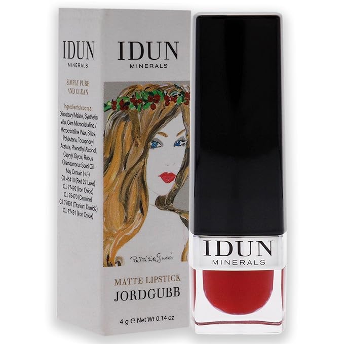 Idun Minerals - Matte Lipstick - Vegan Formula - Highly Pigmented - Nourishes, Hydrates And Softens Lips - Rich Color Payoff - Long Lasting Wear - Suitable For All Skin Types - Jordgubb - 0.14 Oz
