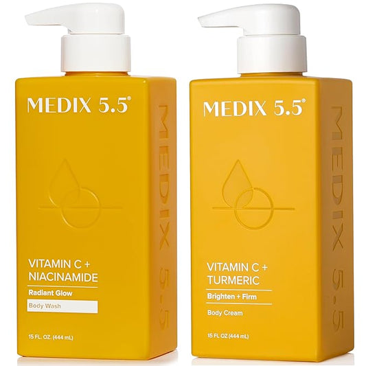 MEDIX Vitamin C Body Wash + Vitamin C Body Lotion & Face Moisturizer 2PC Skin Care Set | Anti Aging Lotion + Body Cleanser Skincare Set For Women, Men, & Smoother Looking Skin, 2-Pack