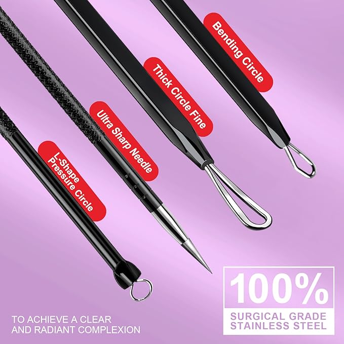 Teenitor Pimple Extractor Tool Comedone Extractor Acne Tool Blackhead Removal Tool 2-in-1 Pimple Popper Tool for Face and Nose Black