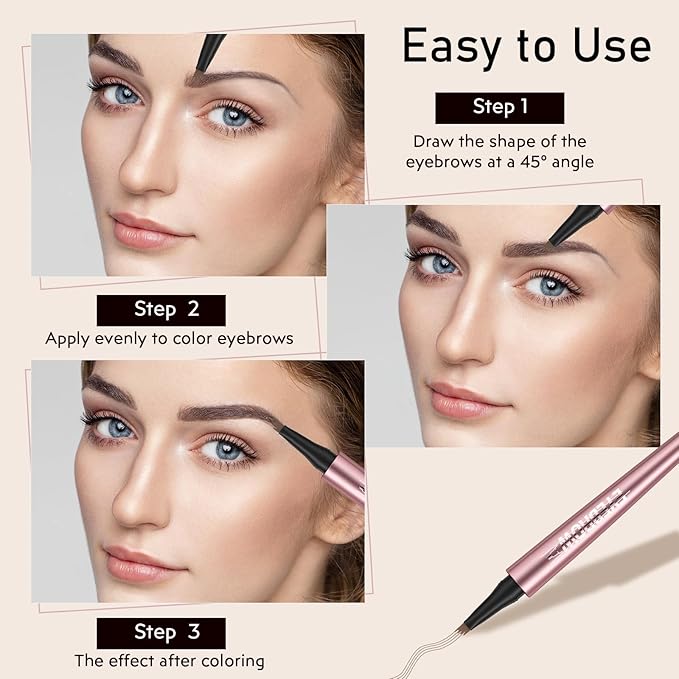 2Pcs Microblading Eyebrow Pen, Long-Lasting Waterproof Eyebrow Pencil with 4-Fork-Tip for 3D Realistic Brow, Easily Create Natural Hair-Like Brow Last All-Day, Eye Brow Pencils for Women -Black Brown