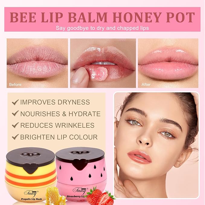 4 Pcs Bee Balm,Honey Strawberry Watermelon Bee Lip Balm Honey Pot,Moisturizing Lip Mask Overnight,Hydrate Repair Prevent Dry Cracked Lip Care (Honey+Strawberry+Watermelon+Apple Lime)