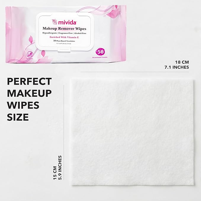 mivida Hypoallergenic Makeup Remover Wipes Bulk with Vitamin E, 500 count (10×50) Value box, Fragrance Free Makeup Wipes for Sensitive Skin, Gently Removes Makeup & Oil, Alcohol Free Facial Towelettes