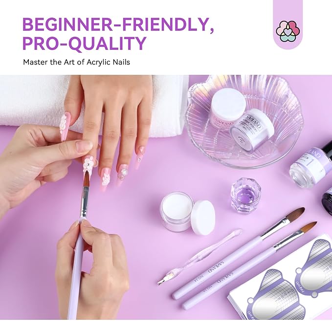 SAVILAND Acrylic Nail Kit for Beginners: White Pink Clear Acrylic Powder and Liquid Set with Nail Dehydrator Primer Brushes Forms Tips Tools Nails Kit Acrylic Set with Everything Home DIY