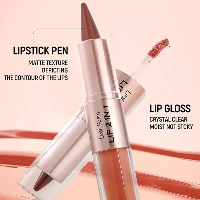 2-in-1 Double-Ended Matte Lip Liner & Lip Gloss Duo, Caramel Brown Nude Ombre Lip Combo Pencil, Lip Liner and Lipstick Gloss Set for Defined & Fuller Looking Lips, #06 Caramel Brown Nude