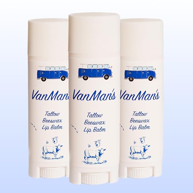 VanMan Beeswax Lip Balm Tube – Organic Tallow Balm with Grass-Fed and Finished Suet Beef Tallow, Sweet Almond Oil, and Lanolin – Hydrating Lip Moisturizer – Unscented – 3 Tube Pack