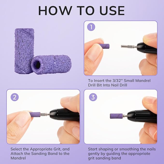 Lavinda Sanding Bands for Nail Drill with 3.1mm Mandrel Bit, 80 Piece Set Mini Small Sanding Bands Nail Drill Bits for Acrylic Nails Gel Manicures and Pedicures (120 Grit, Purple)