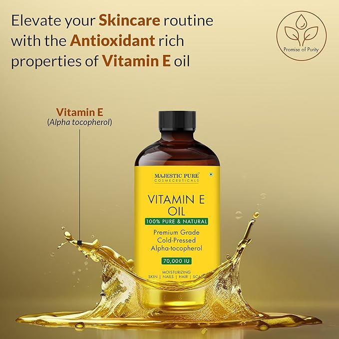 Majestic Pure Vitamin E Oil 4 Oz Vitamin E oil for Skin, Face Oil, Hair Oil and Body Oil- 100% Pure and Natural, 70,000 IU- Cold Pressed Hexane Free Non-GMO Gluten Free Formula