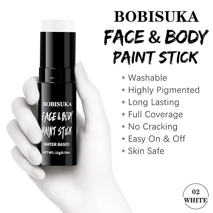 BOBISUKA White Face & Body Paint Stick Water-Based Washable Face Paint Makeup Stick for Halloween Clown, Joker, Skeleton, Zombie, Mime, Cosplay, SFX, Sports Eye Black & Costume Party