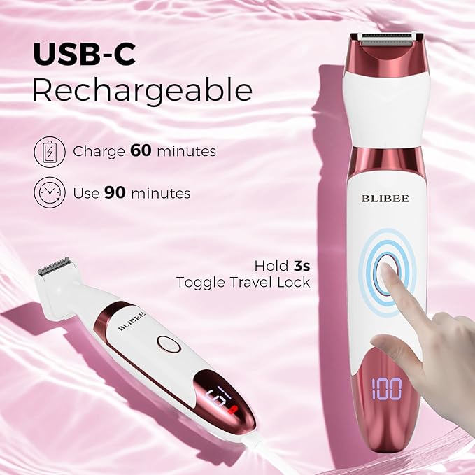 BLIBEE Bikini Trimmer for Women, LED Display Electric Razors for Women, 5-in-1 Electric Shaver, Rechargeable Painless Pubic Hair Trimmer for Legs, Underarms, Face & Sensitive Skin (Purple)