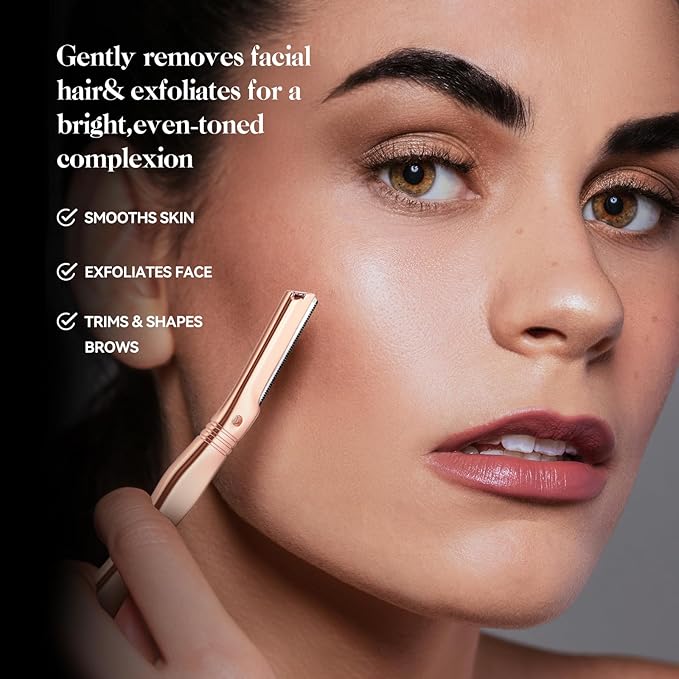 EROWZOLA Eyebrow Razor for Women and Men, Face Razors for Women, Dermaplane Razor with Protective Silicone Cover, Reusable Metal Handle with 6 Refill Blades, Skin Care Tool - Rose Gold