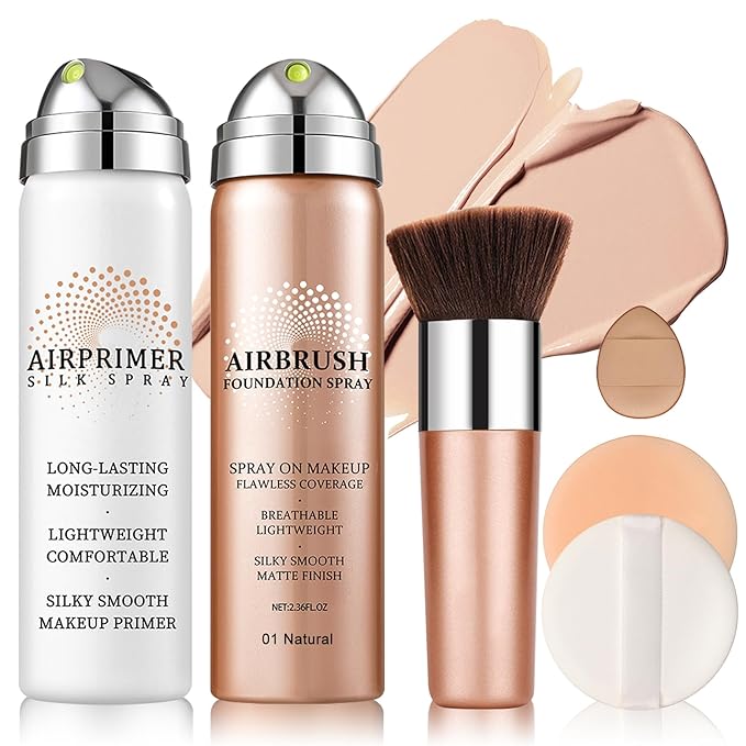 QIUFSSE Air Brush Makeup Foundation and Makeup Primer for Face,Hydrates and Moisturizes,Buildable Coverage with Anti-aging Formula for Smooth Radiant Skin (01 Natural/Warm Porcelain)