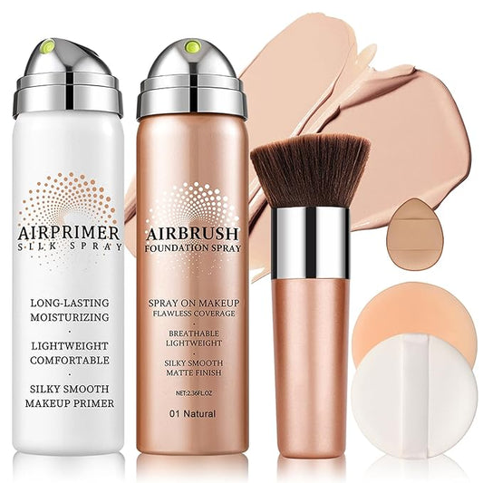 QIUFSSE Air Brush Makeup Foundation and Makeup Primer for Face,Hydrates and Moisturizes,Buildable Coverage with Anti-aging Formula for Smooth Radiant Skin (01 Natural/Warm Porcelain)