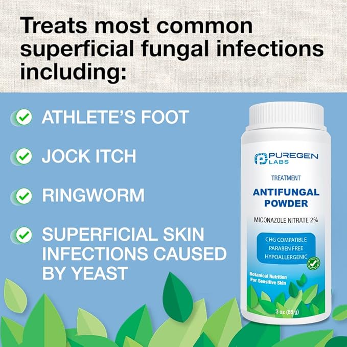 Puregen Labs Antifungal Powder with 2% Miconazole Nitrate for Common Fungal Infections Including Athlete’s Foot, Jock Itch and Ringworm, Talc Free, 3 oz (85g)