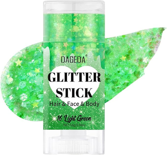 DAGEDA Light Green Body Glitter Stick,St Patricks Day Accessories,Sparkly Face Glitter Makeup,Holographic Hair Glitters Rave Outfits for Women, Shimmer Face Paint Stick for Mardi Gras Singer Concert