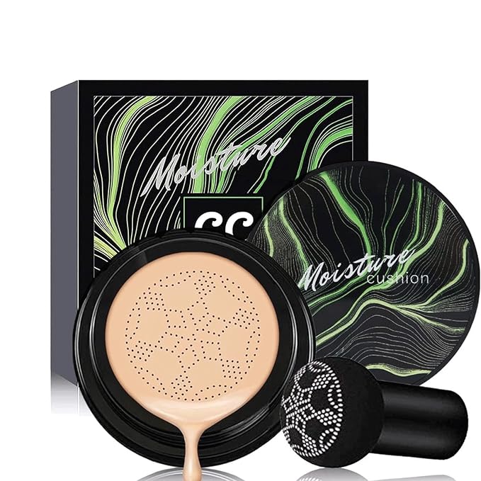 Mushroom Head Air Cushion CC Cream Nature Foundation, Moisturizing BB Cream, Long Lasting Matte Concealer, Bright Makeup Base with Mushroom Makeup Sponge (#04 Buff Beige)