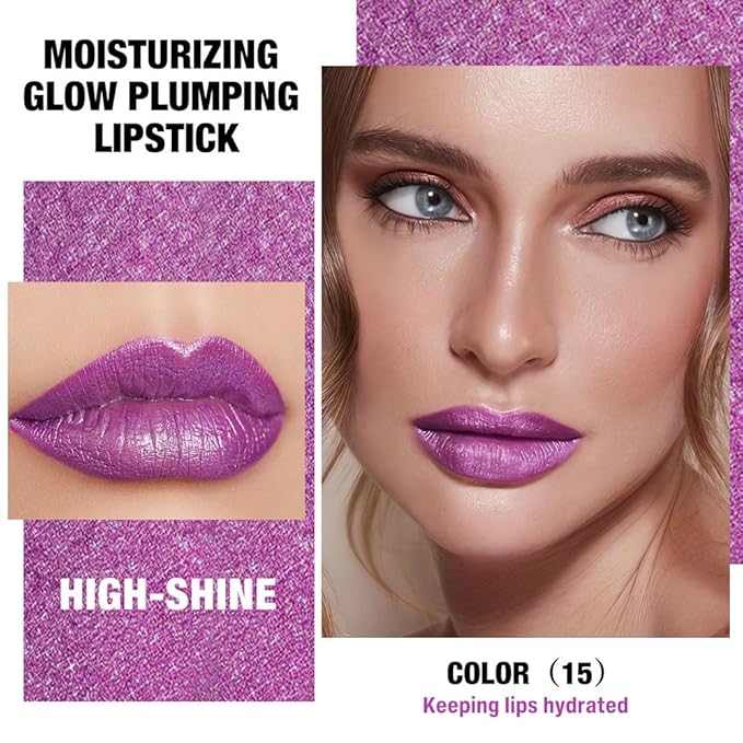 Purple Shimmer Metallic Moisturizing Glow Plumping Lipstick Makeup, Lipstick with Metallic 3D Shine Lightweight Hydrating Formula, Glitter Lip Gloss Stain Long Lasting Waterproof (15#Purple)