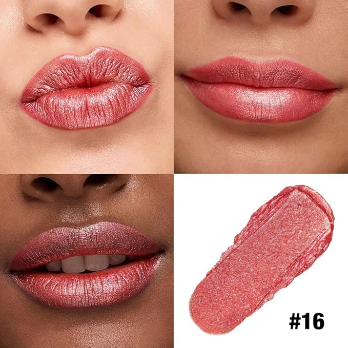 Rose Gold Shimmer Metallic Moisturizing Glow Plumping Lipstick Makeup, Lipstick with Metallic 3D Shine Lightweight Hydrating Formula, Glitter Lip Gloss Stain Long Lasting Waterproof (16#Rose Gold)