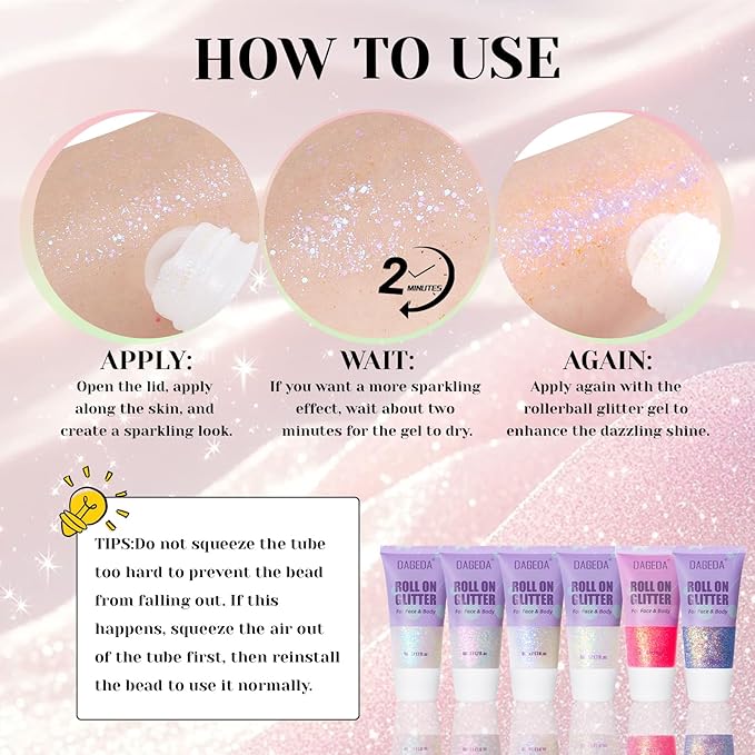 DAGEDAl Roll-on Body Glitter,Holographic Eye Face Hair Glitter Gel for Festival Outfit Mermaid Accessories,Chameleon Color Body Shimmer Makeup Rave Outfits Accessories for Women 50ml(Sparkling Pink)