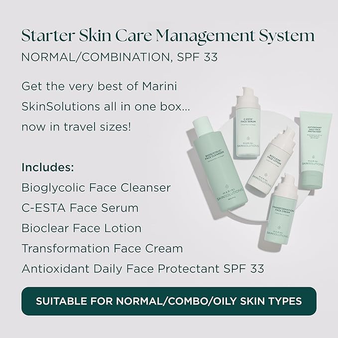 Marini SkinSolutions Travel Size Starter Skin Care Management System, Normal to Combination Skin with Antioxidant Daily Face Protectant SPF 33 - Cruelty Free - Made in the USA
