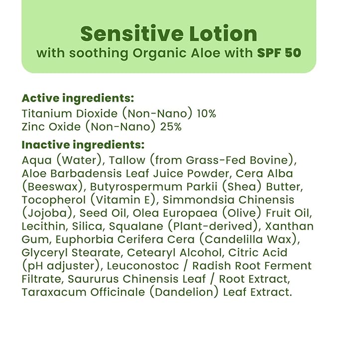 100% Mineral Sunscreen SPF 50 with Non-Nano Zinc Oxide — Reef Safe UVA/UVB Broad Spectrum Sunblock, Water Resistant 80 Min, Moisturizing Tallow Lotion for Face & Body, 3.4 fl oz