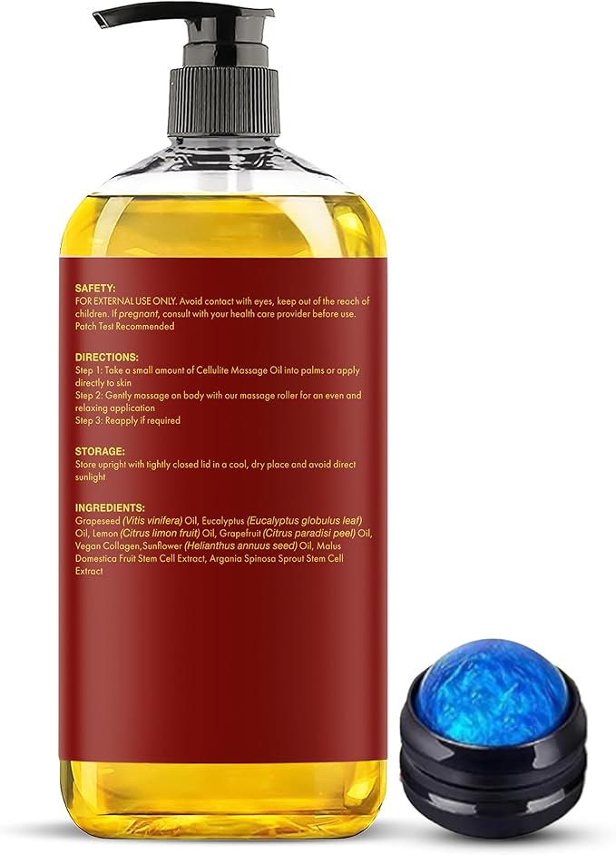 Majestic Pure Firming Body Massage Oil with Collagen – Helps Smooth The Appearance of Cellulite & Improve Skin Texture – Refreshing Aromatherapy Body Oil for Legs & Full Body – 8 Fl Oz, with Roller