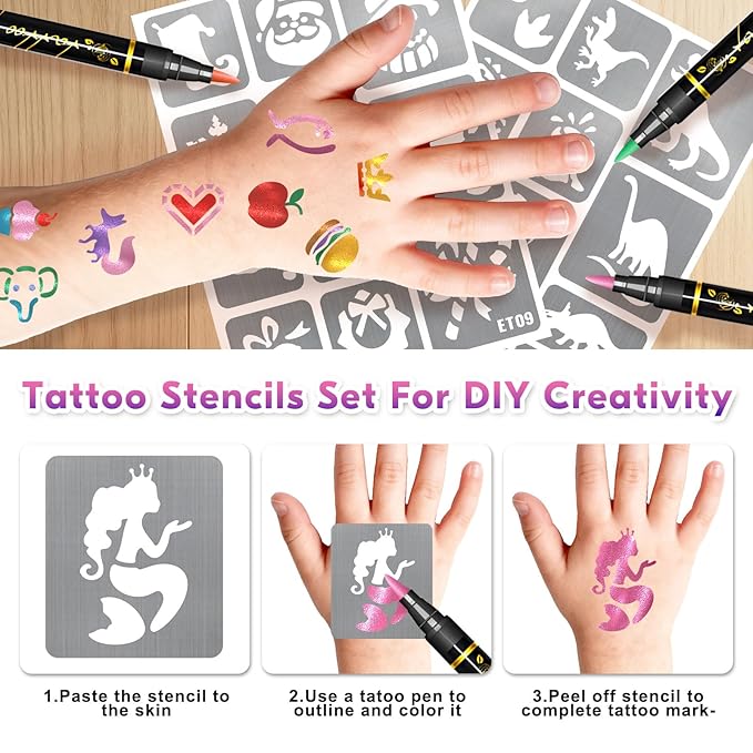 Temporary Tattoo Markers for Skin, 12 Metallic Body Markers + 183PCS Tattoo Stencils for Kids Adults Women Men Body Face Painting Marker Set, Cosmetic Tattoos Pens for School Show Party Christmas Gift