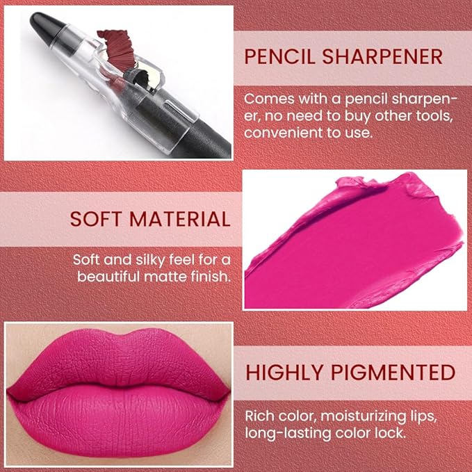 Dazzling Pink Matte Lip Liner Crayon with Sharpener - Waterproof Smudgeproof Long-Wear Lip Pencil, Creamy Pigmented Lip Crayon for Women, 12HR Stay Silky Velvet Lip Liner 16#